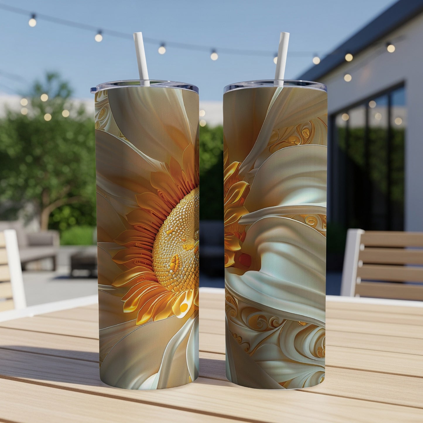 Two tall tumblers with a golden sunflower and ornate swirling design.