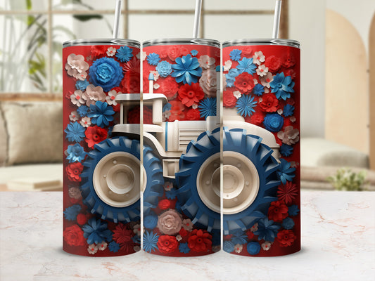Red, white, and blue floral tractor design on three tumblers.