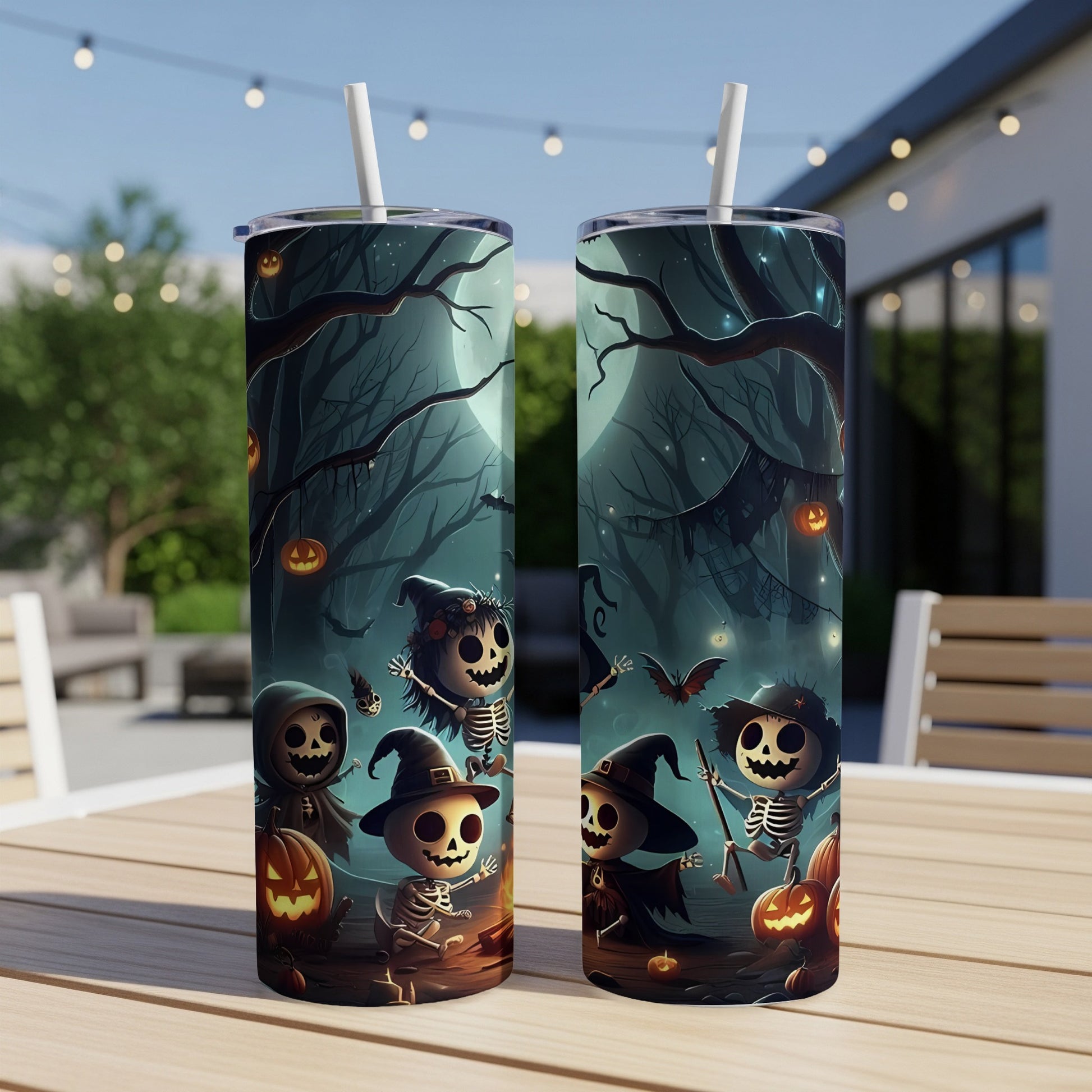 Two tumblers with Halloween skeleton characters and pumpkins on a dark, spooky background.