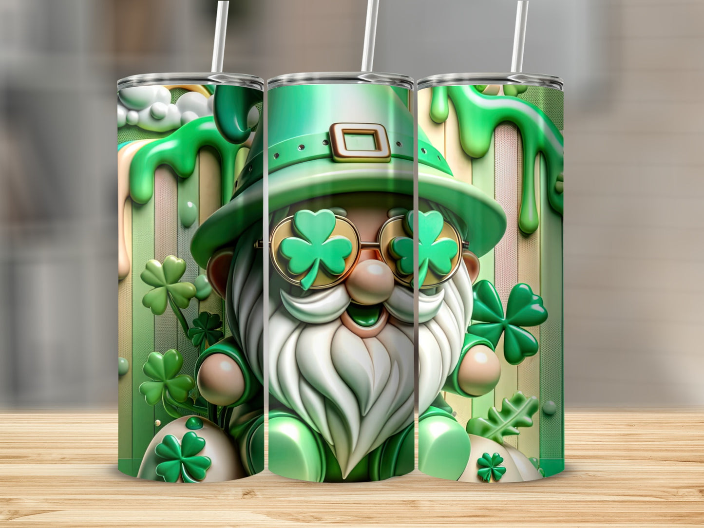 Three green tumblers featuring a leprechaun with shamrock sunglasses and sprinkles.