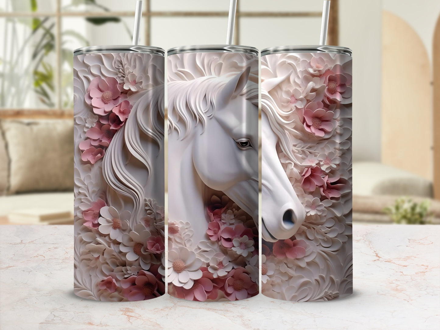 White Horse with Pink Floral Background Tumbler