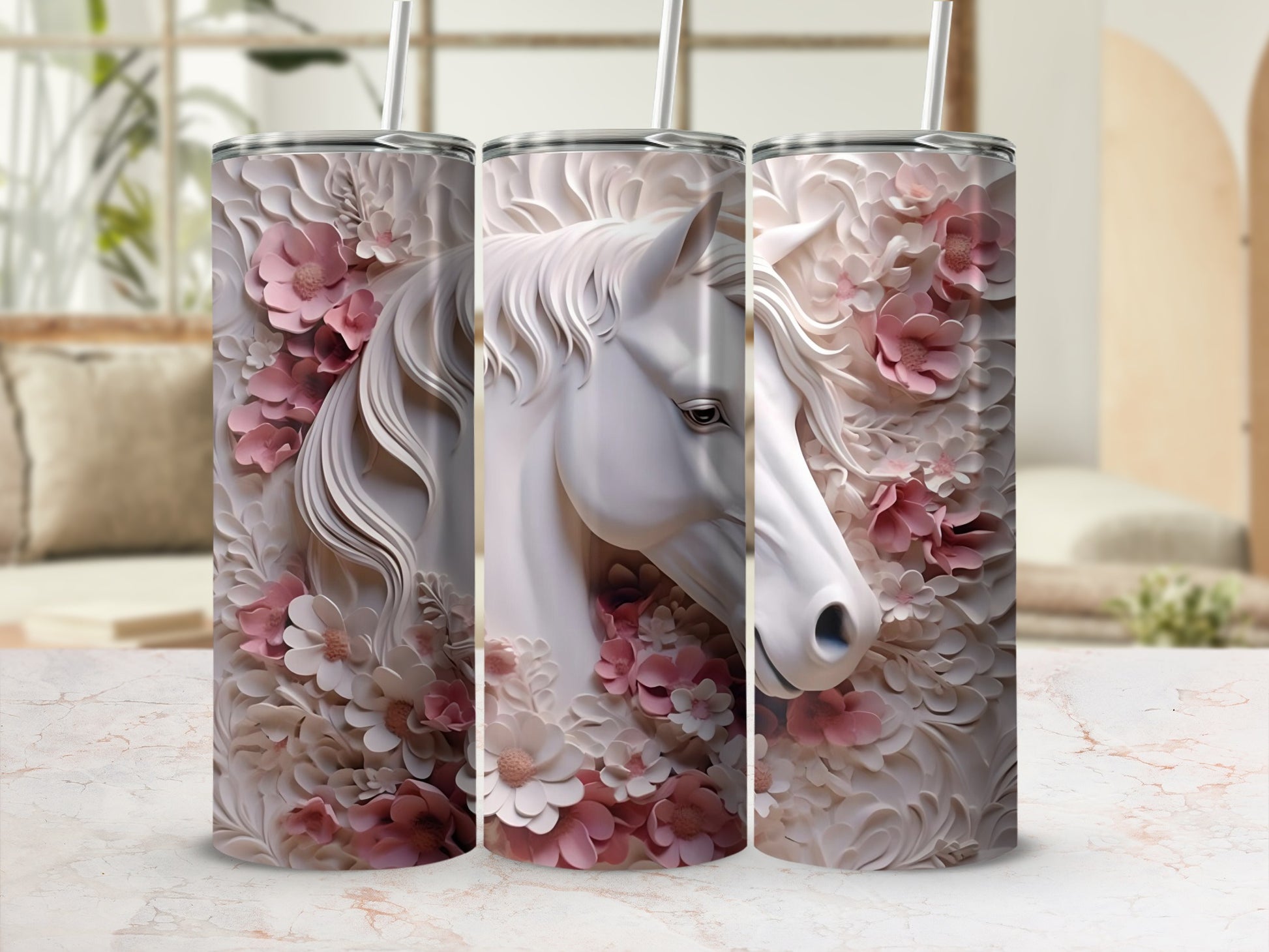 White Horse with Pink Floral Background Tumbler