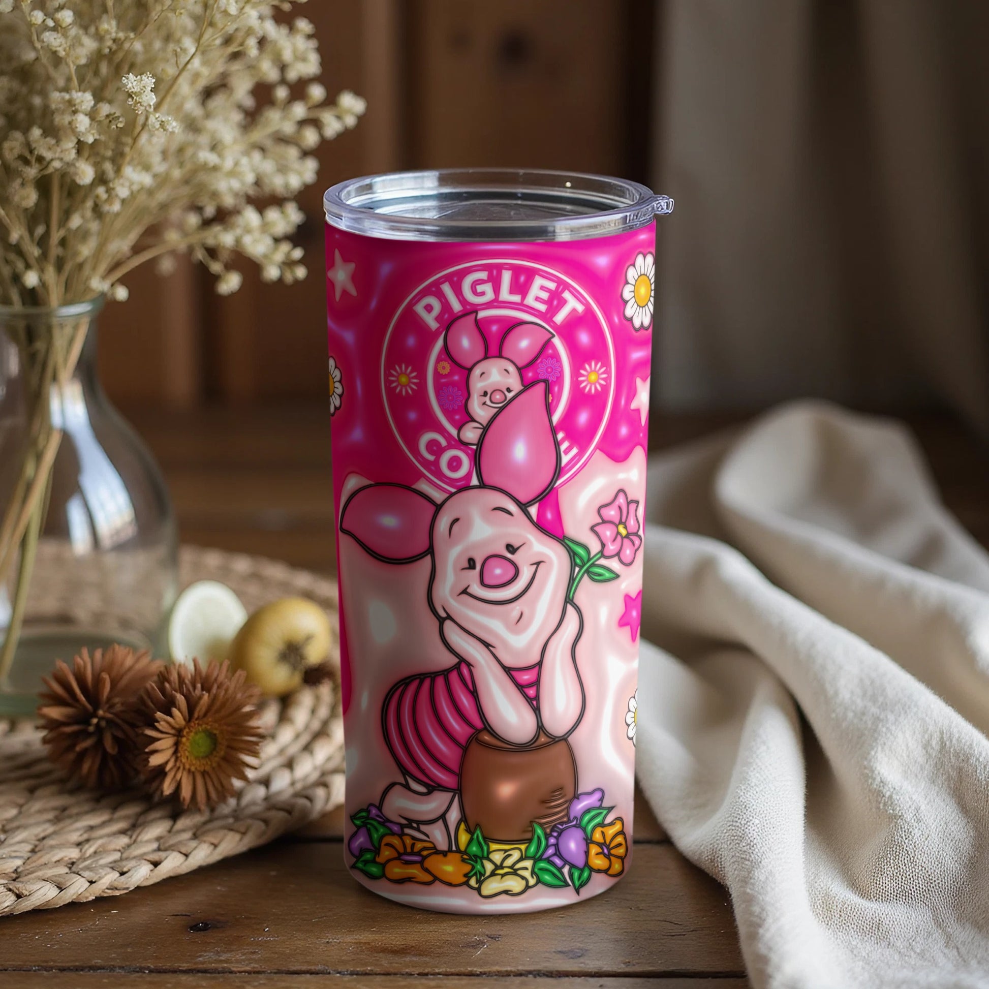 Adorable Piglet Character Art Tumbler Cup with Flowers