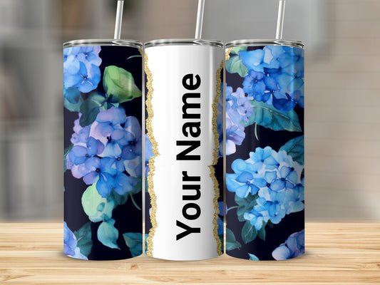 Customizable Blue Floral Design Tumbler with Straw
