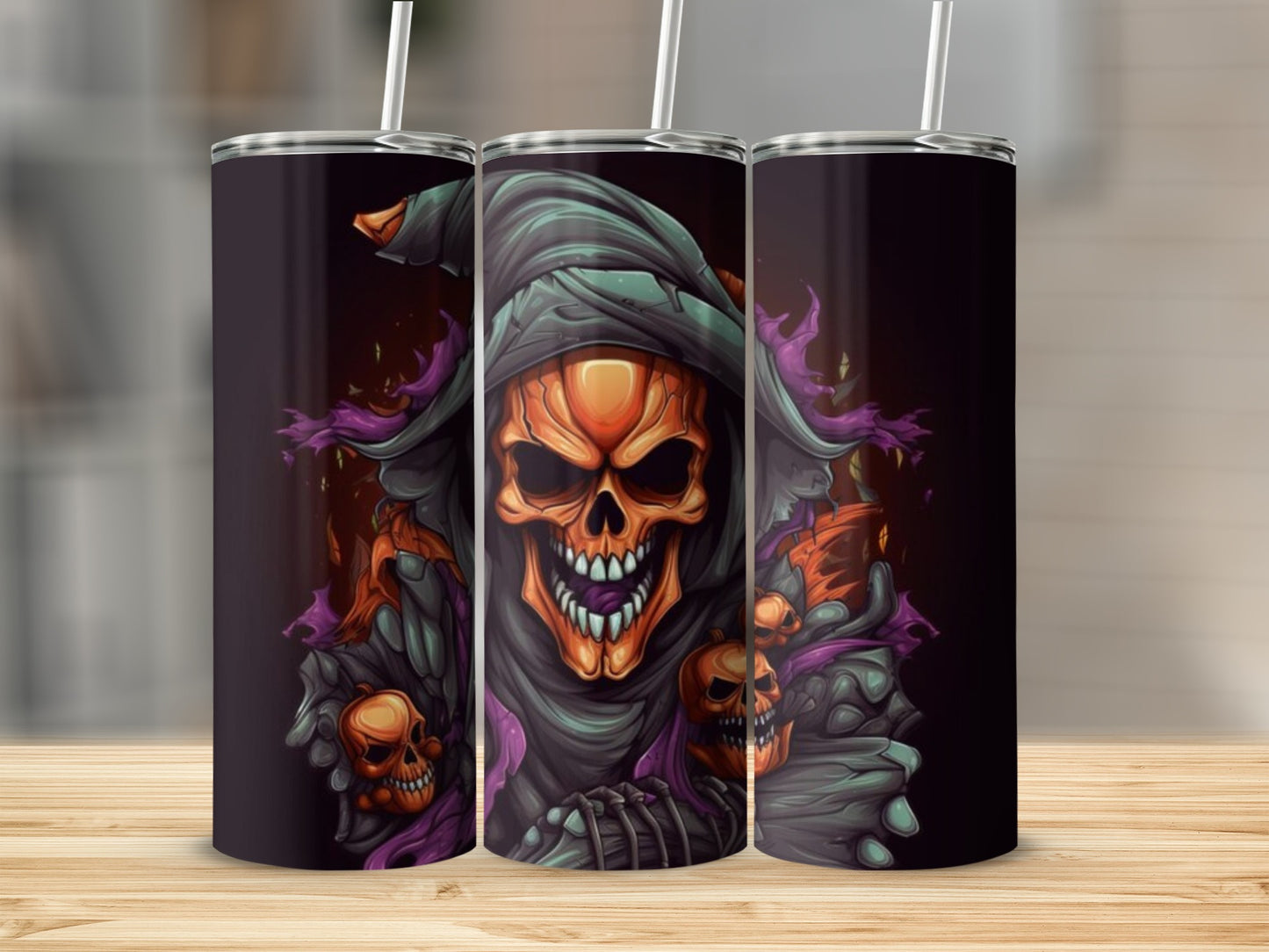 Three tumblers featuring a Halloween grim reaper with skull and pumpkin accents.