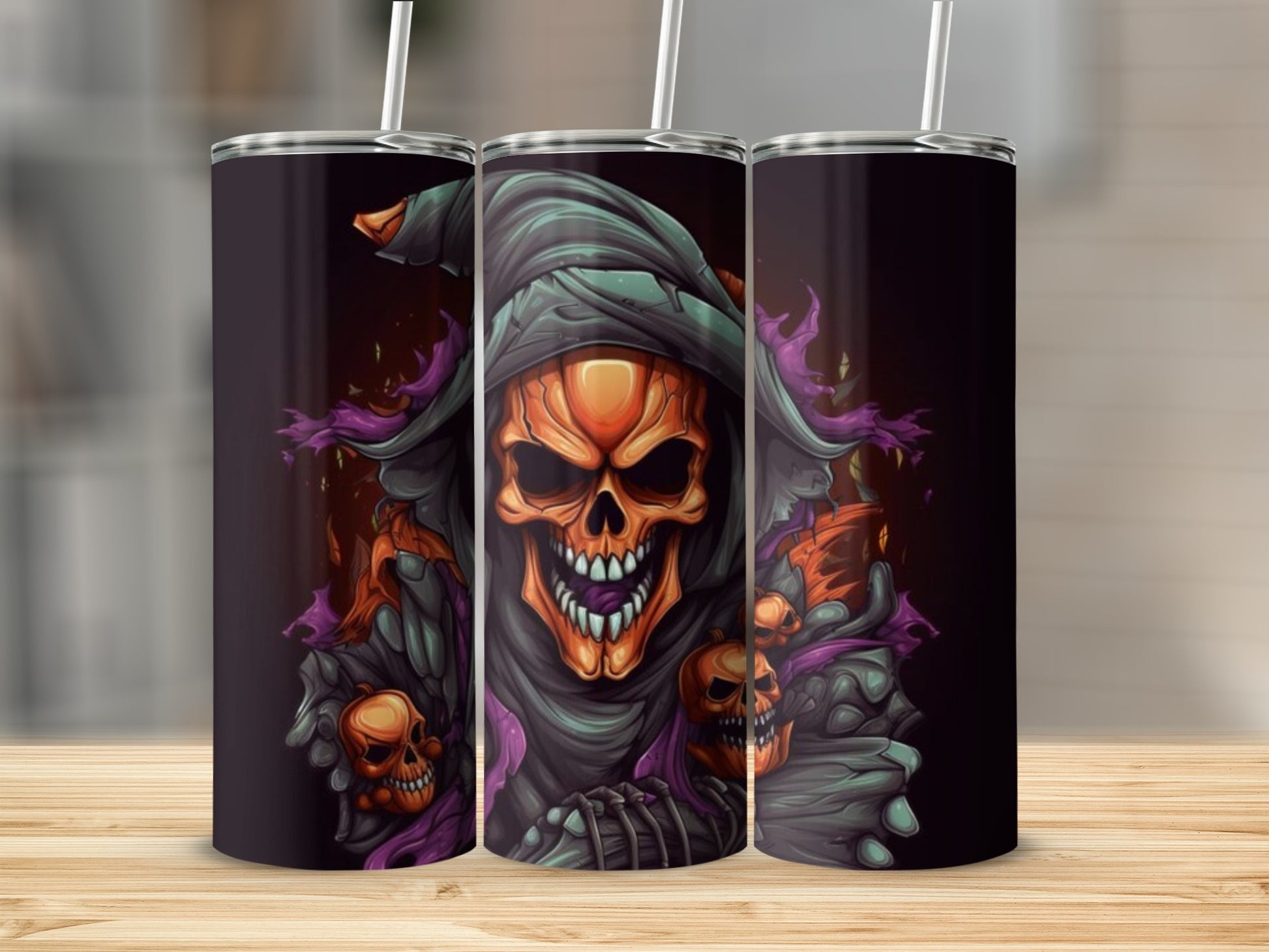 Three tumblers featuring a Halloween grim reaper with skull and pumpkin accents.