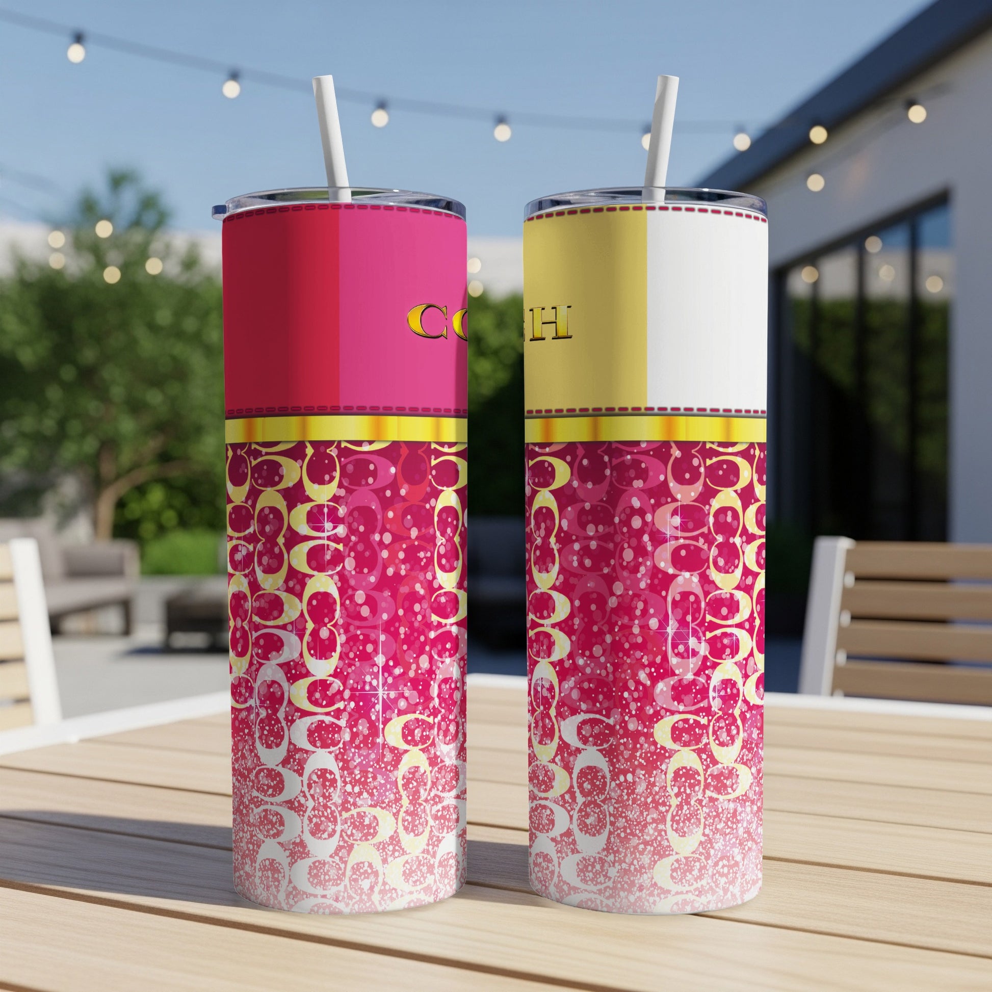 Two tumblers with pink and gold pattern, featuring "CO" and "H".