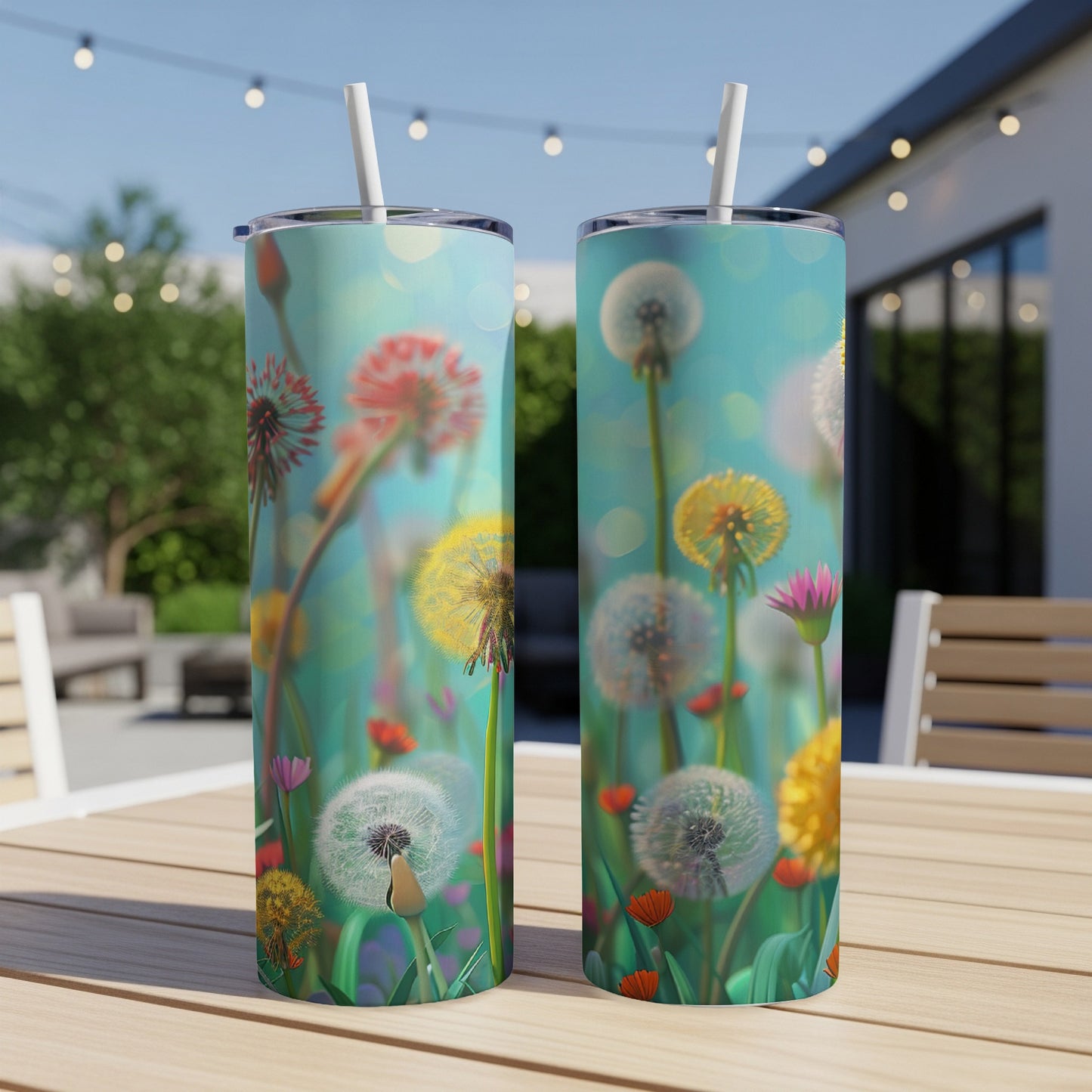 Two tumblers with a blurry floral and dandelion background.
