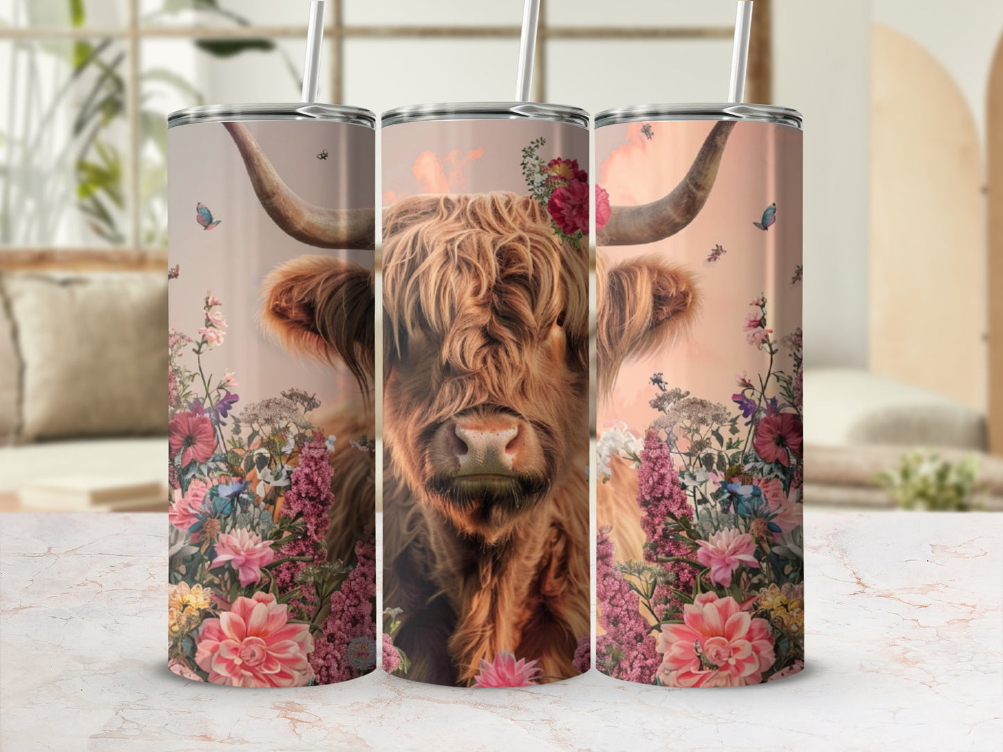 Highland cow with floral accents on a tumbler.