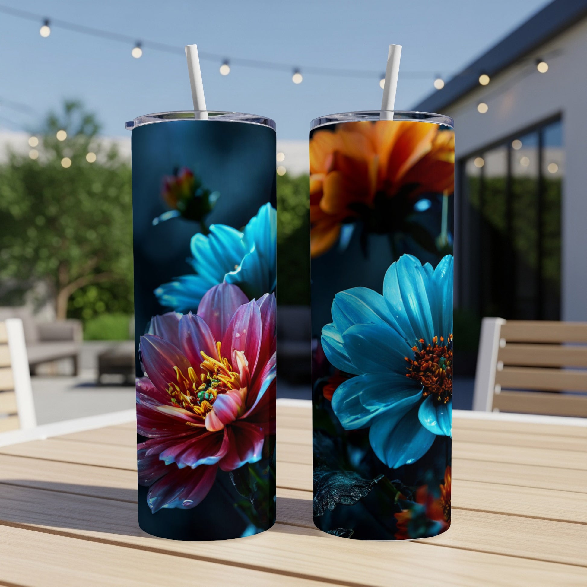 Two tumblers featuring close-up floral designs with dew drops.