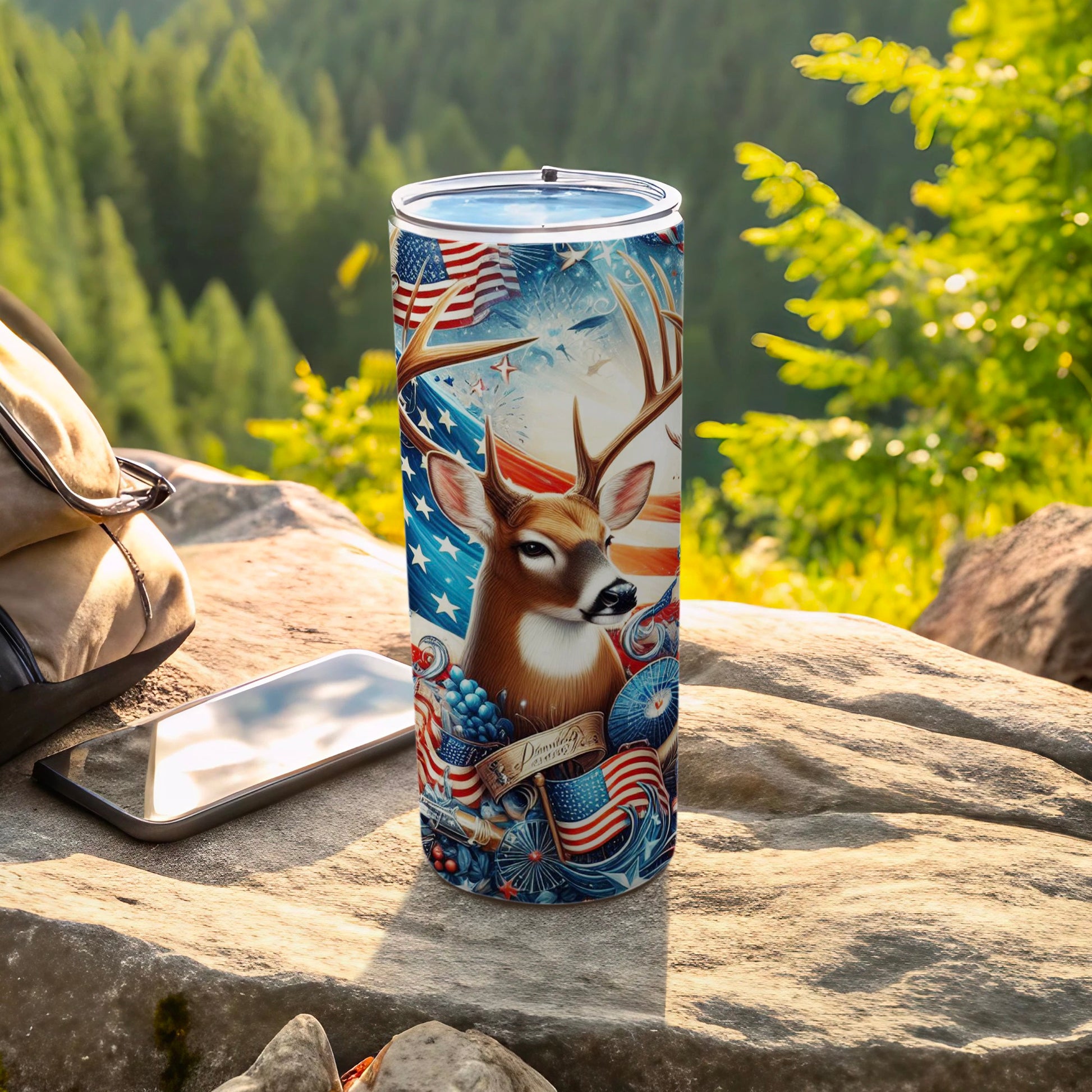 Deer with American flag elements on a patriotic tumbler.