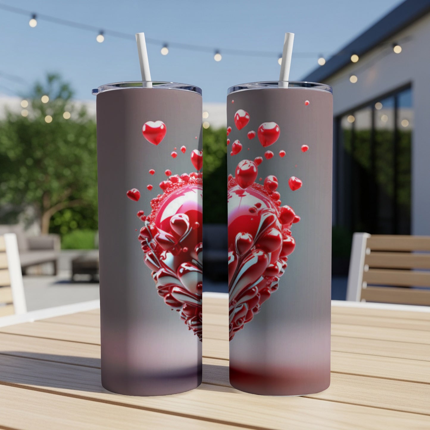 Two tumblers with a red heart orb design on a wooden table.