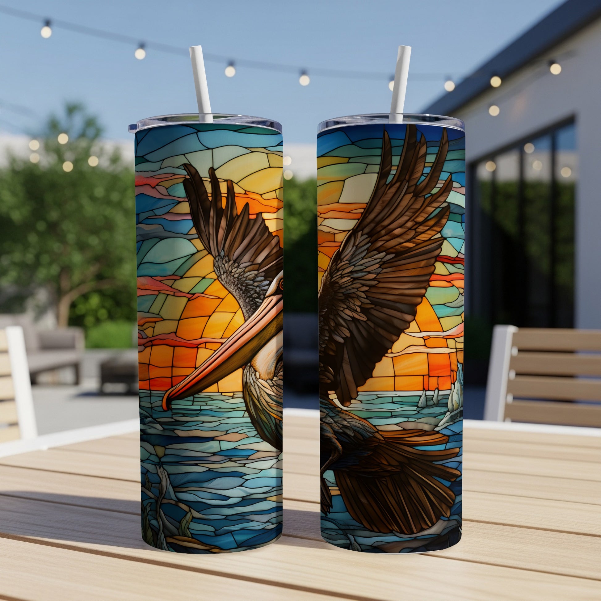 Two tumblers with stained-glass pelican design at sunset, on an outdoor table.