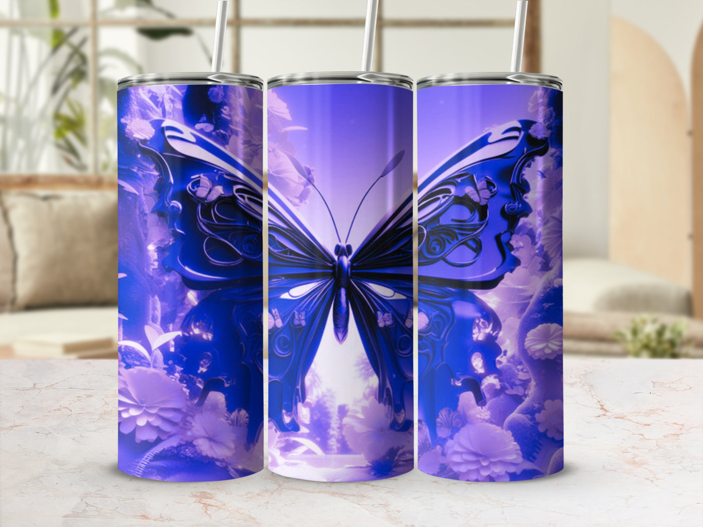 Purple butterfly and floral pattern on a skinny tumbler with straw.