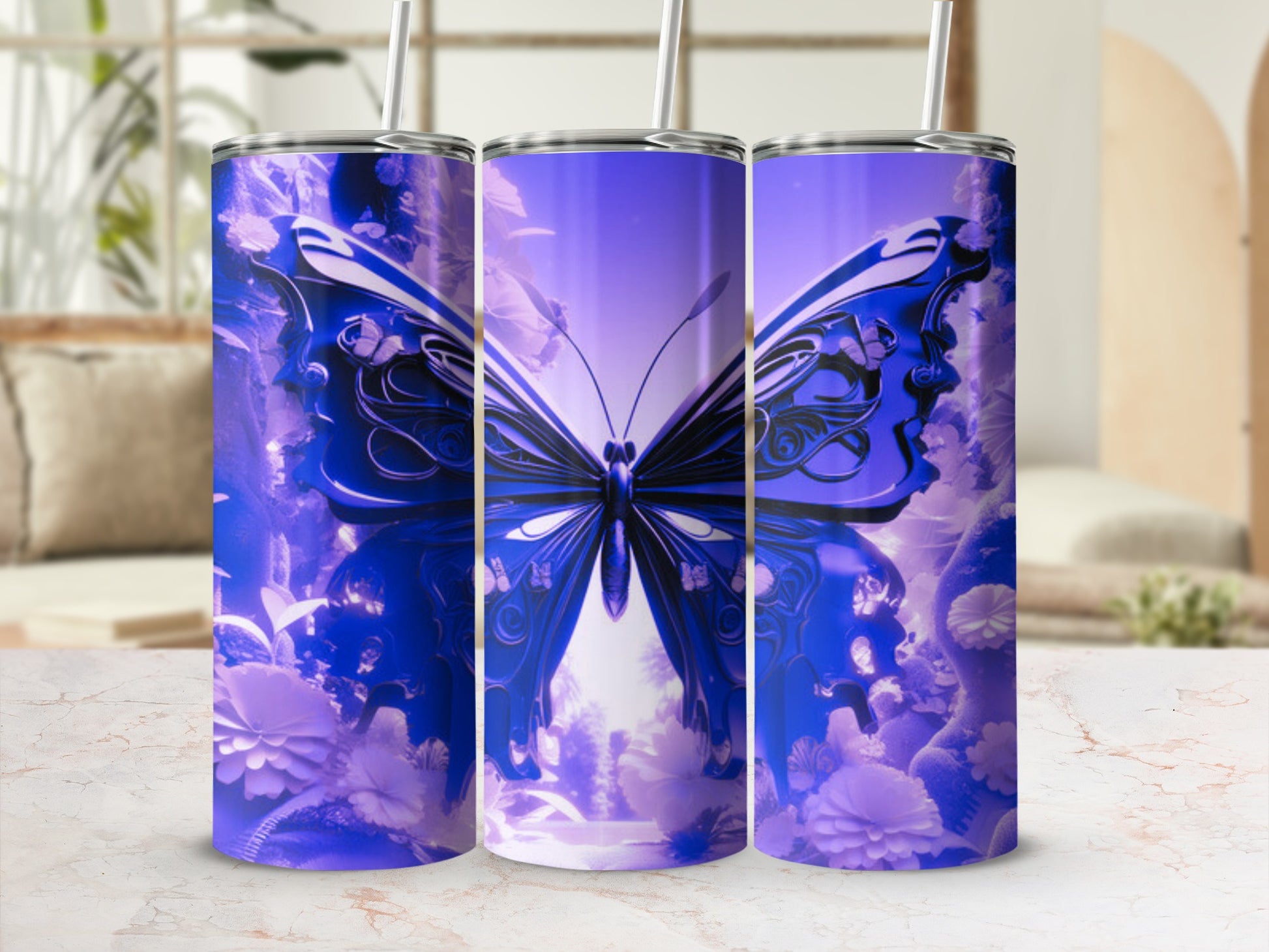 Purple butterfly and floral pattern on a skinny tumbler with straw.