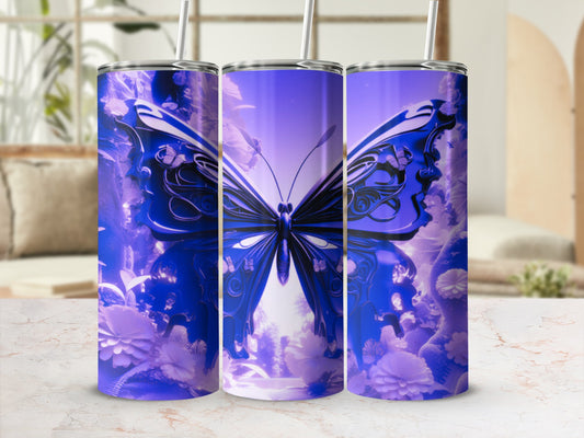 Purple butterfly and floral pattern on a skinny tumbler with straw.