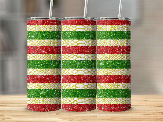 Three tumblers with red, green, and gold glitter stripe pattern.