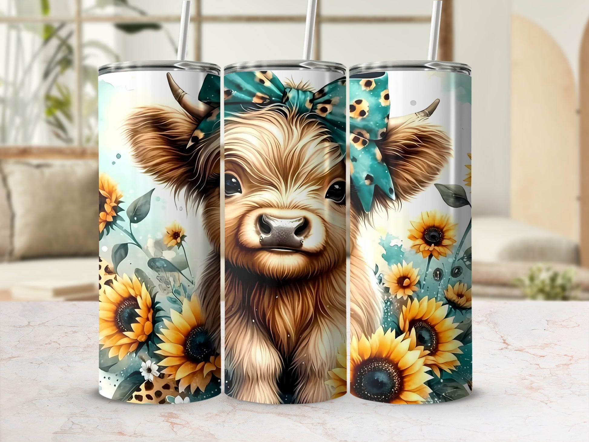 Adorable Cow and Sunflowers Artwork Travel Tumbler