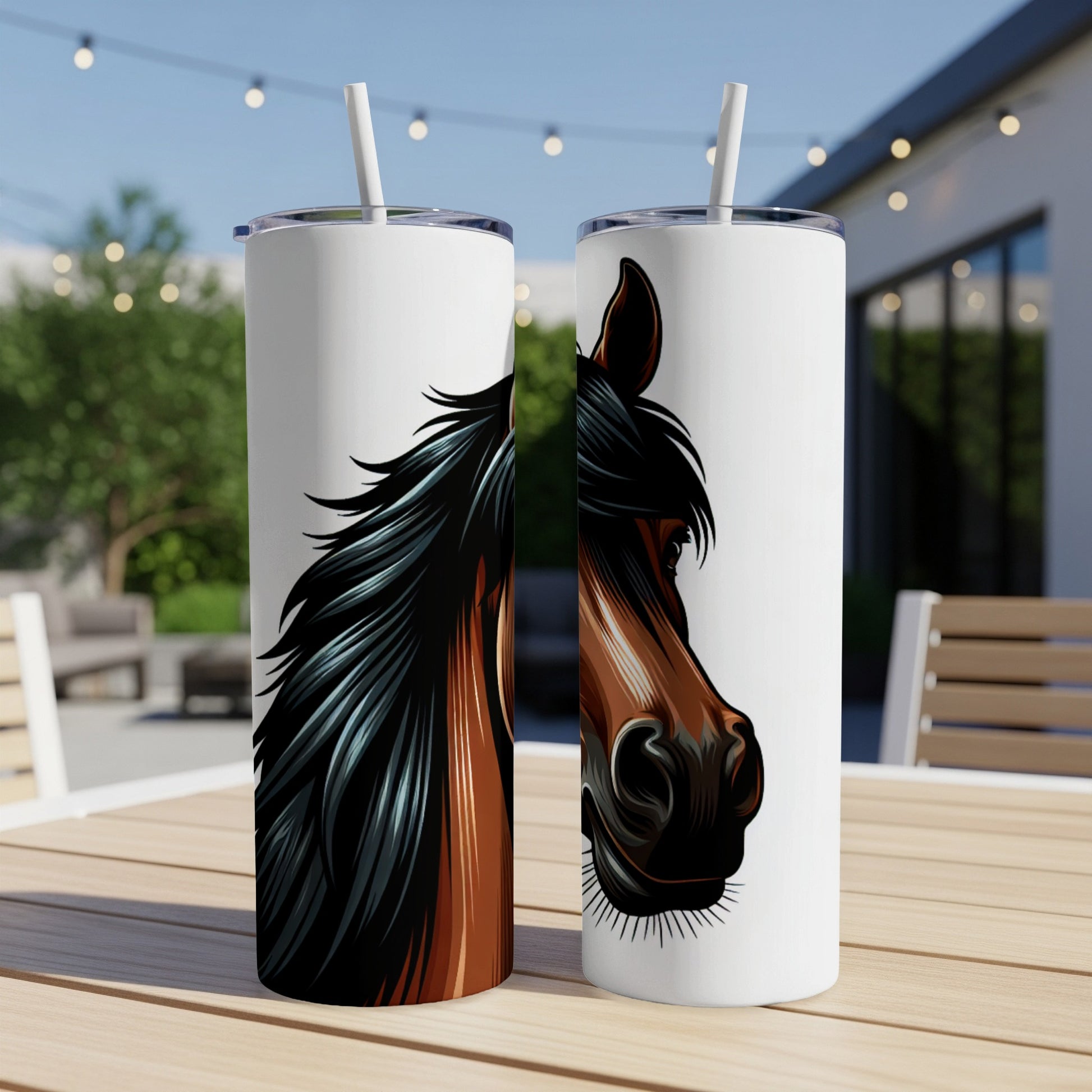 Two tumblers with a horse's head design, displayed outdoors.