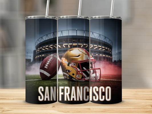 San Francisco football helmet and ball with stadium background.