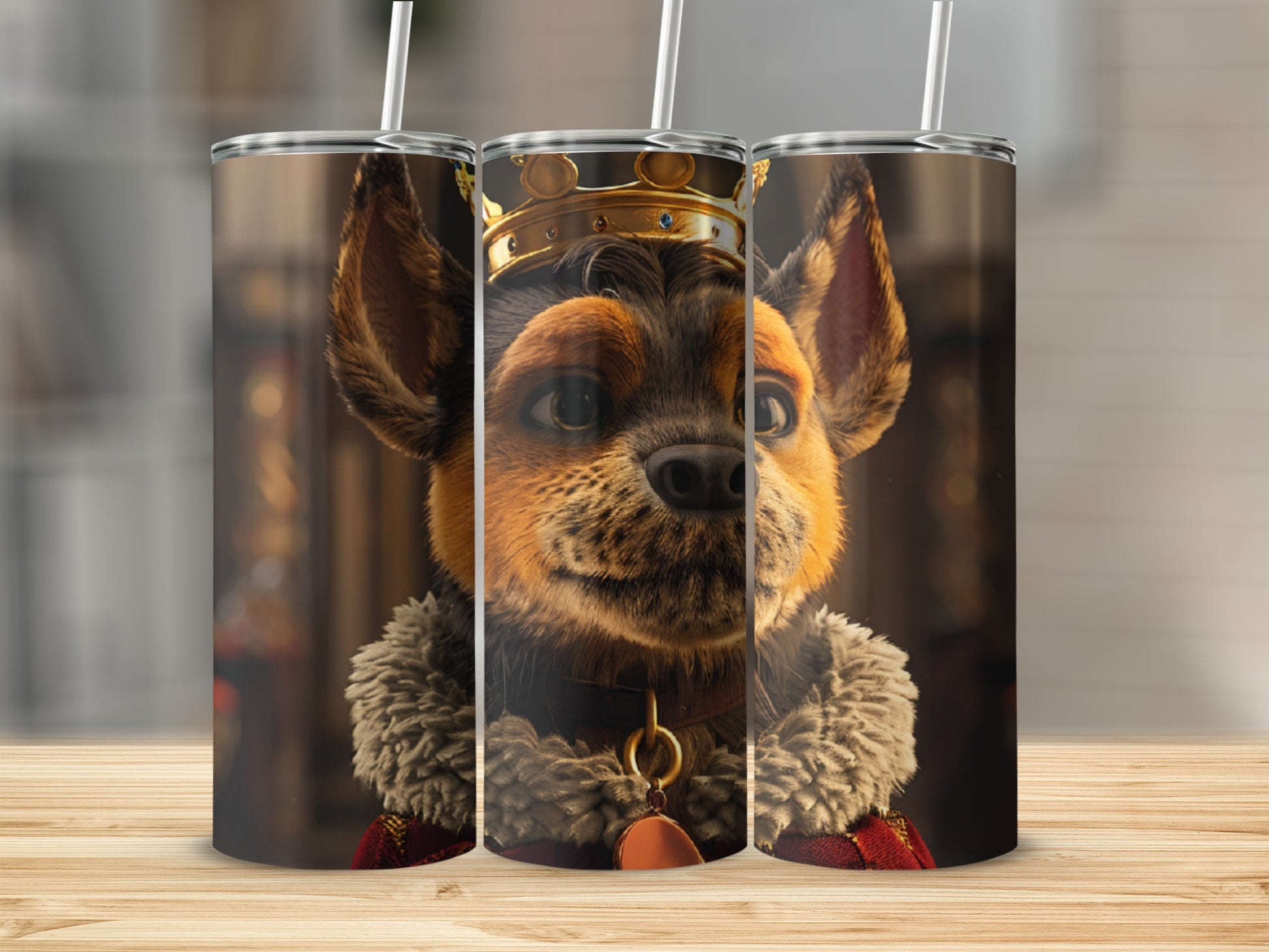 Dog wearing a crown and royal collar, shown on a tumbler.