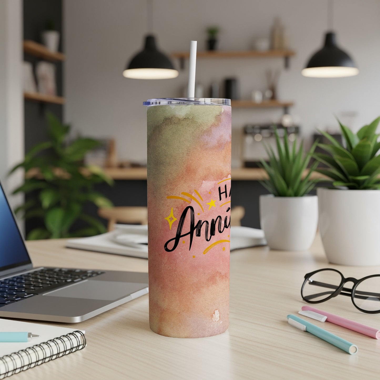 Tall tumbler with "Happy Anniversary" text and watercolor design.