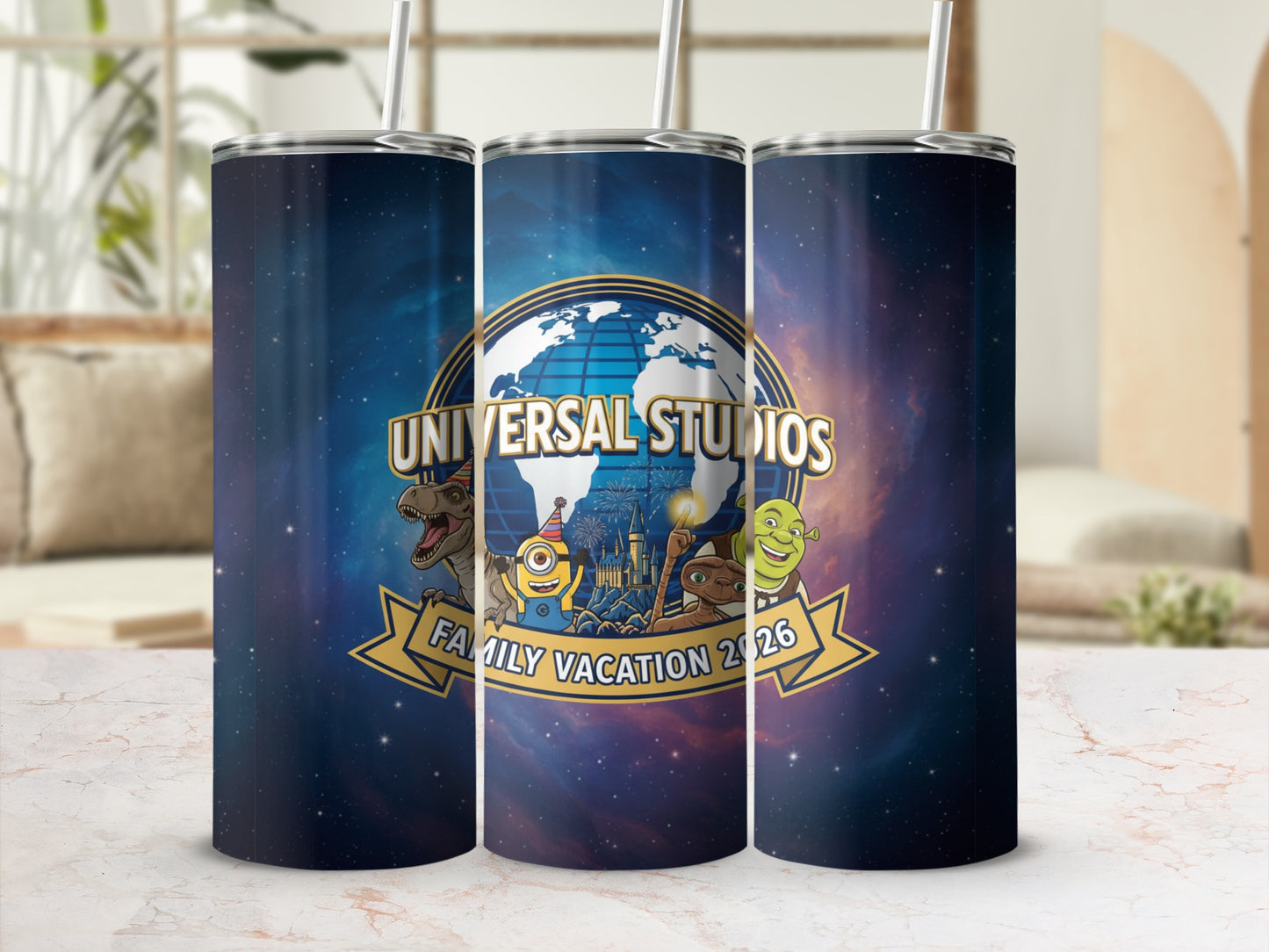 Universal Studios Family Vacation 2026 tumbler with characters and globe.