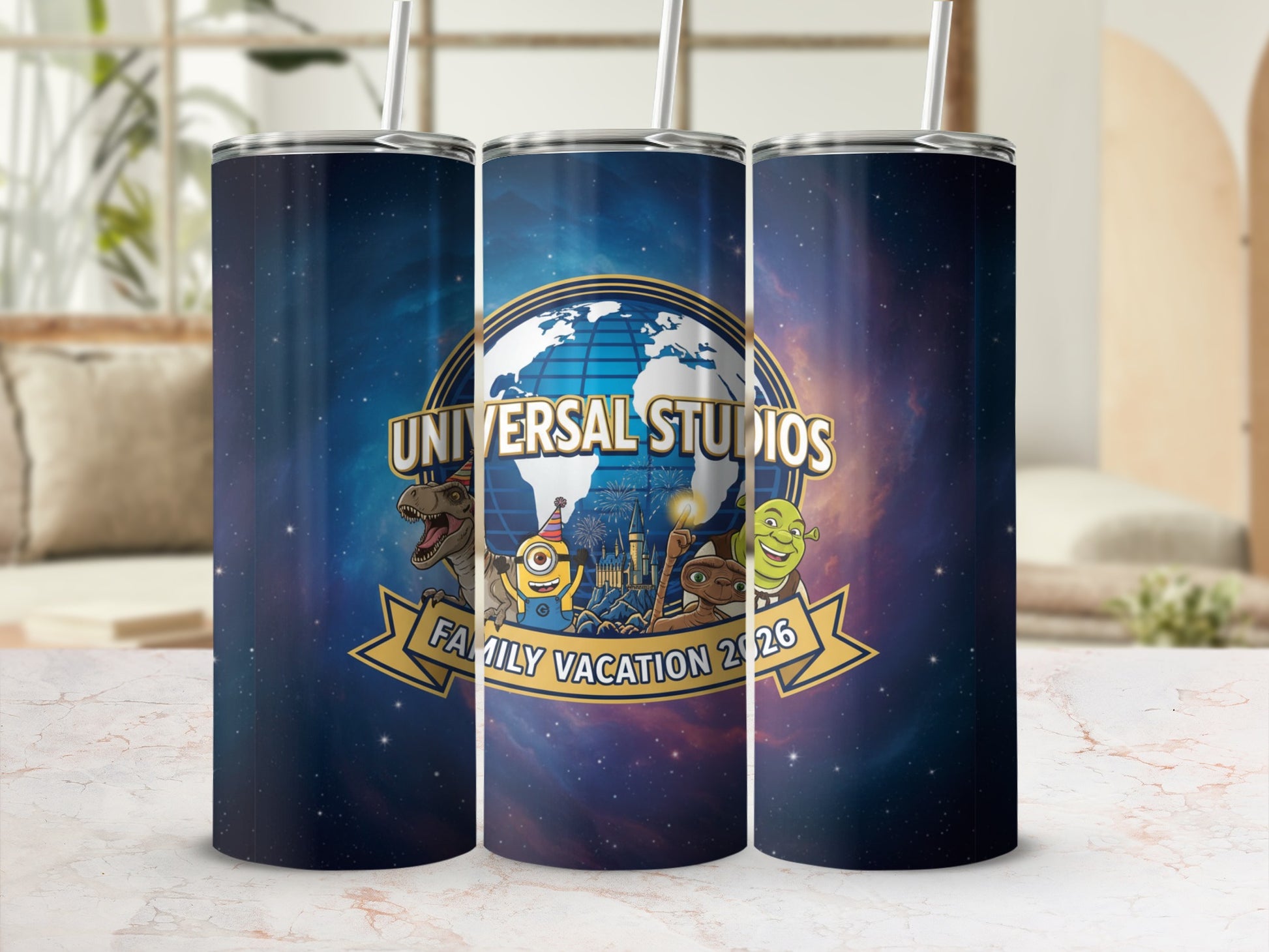 Universal Studios Family Vacation 2026 tumbler with characters and globe.