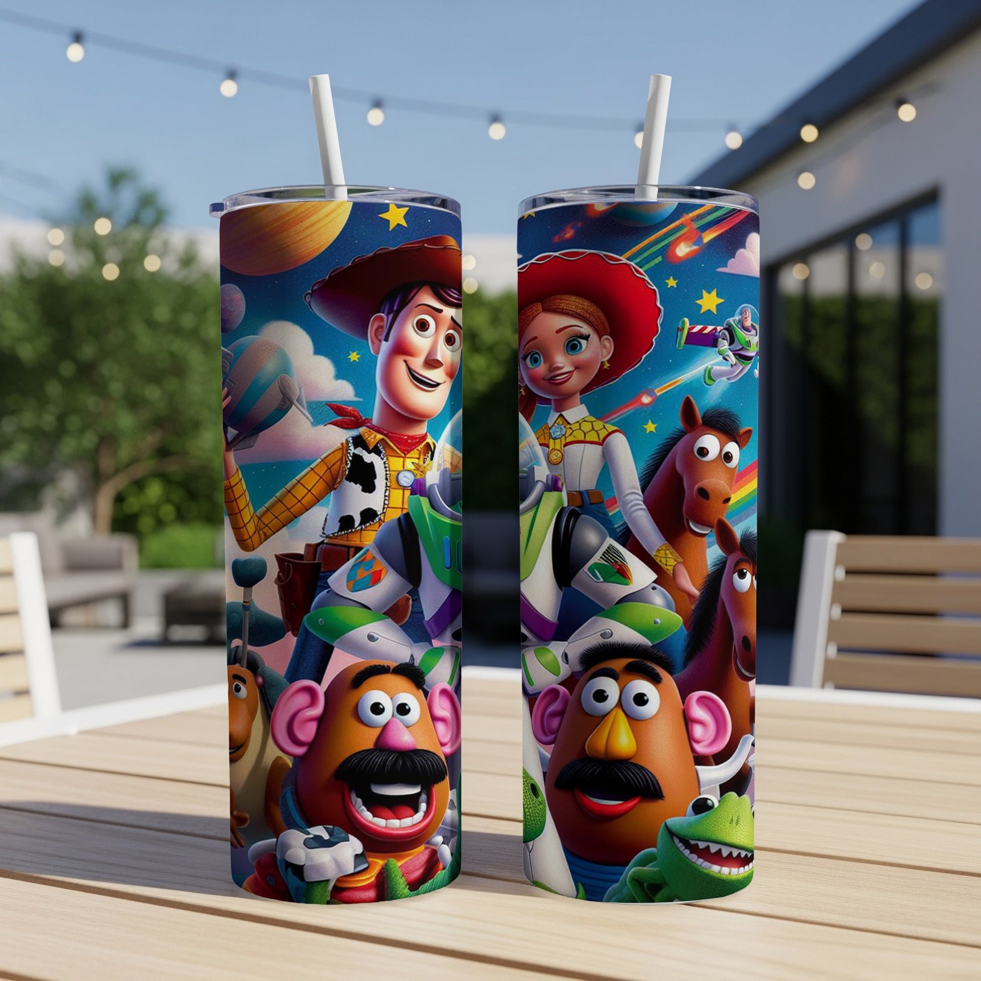 Toy Story characters Woody, Jessie, Mr. Potato Head, and Slinky Dog on tumblers.