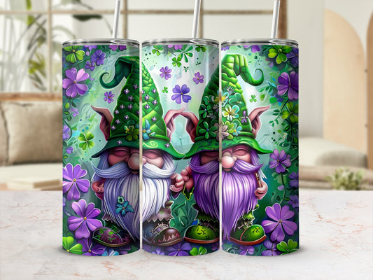 Two gnomes with green hats and purple flowers, one white-bearded, one purple-bearded.