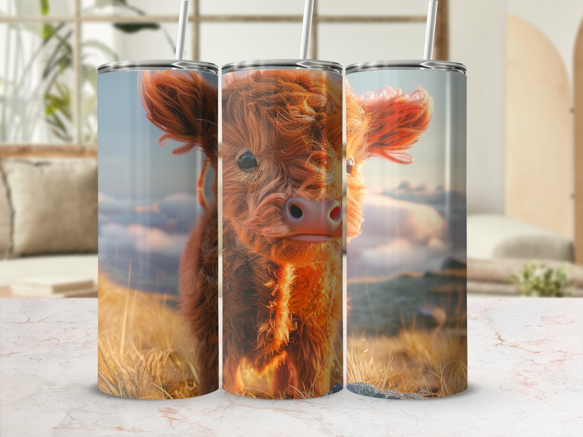 Triptych of a fuzzy calf's face on tumblers with a blurred background.
