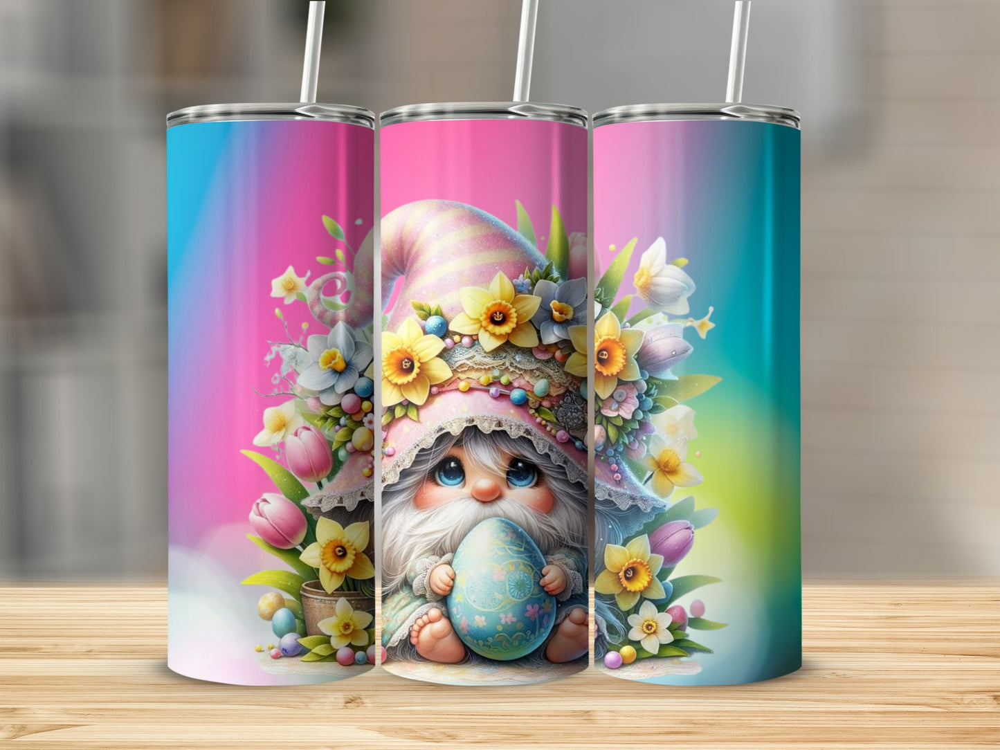 Colorful Easter Gnome Tumbler with Spring Flowers Design