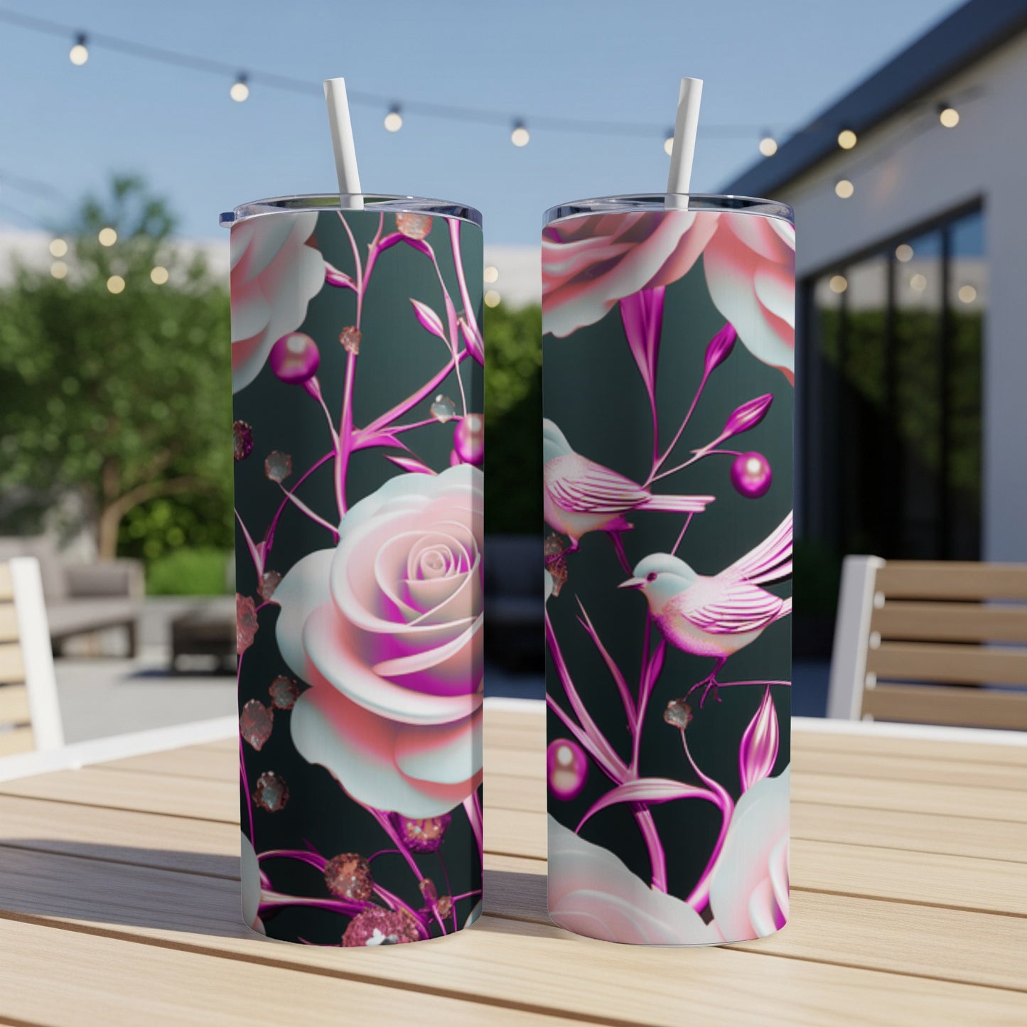 Two tall tumblers with floral and bird design on an outdoor table.