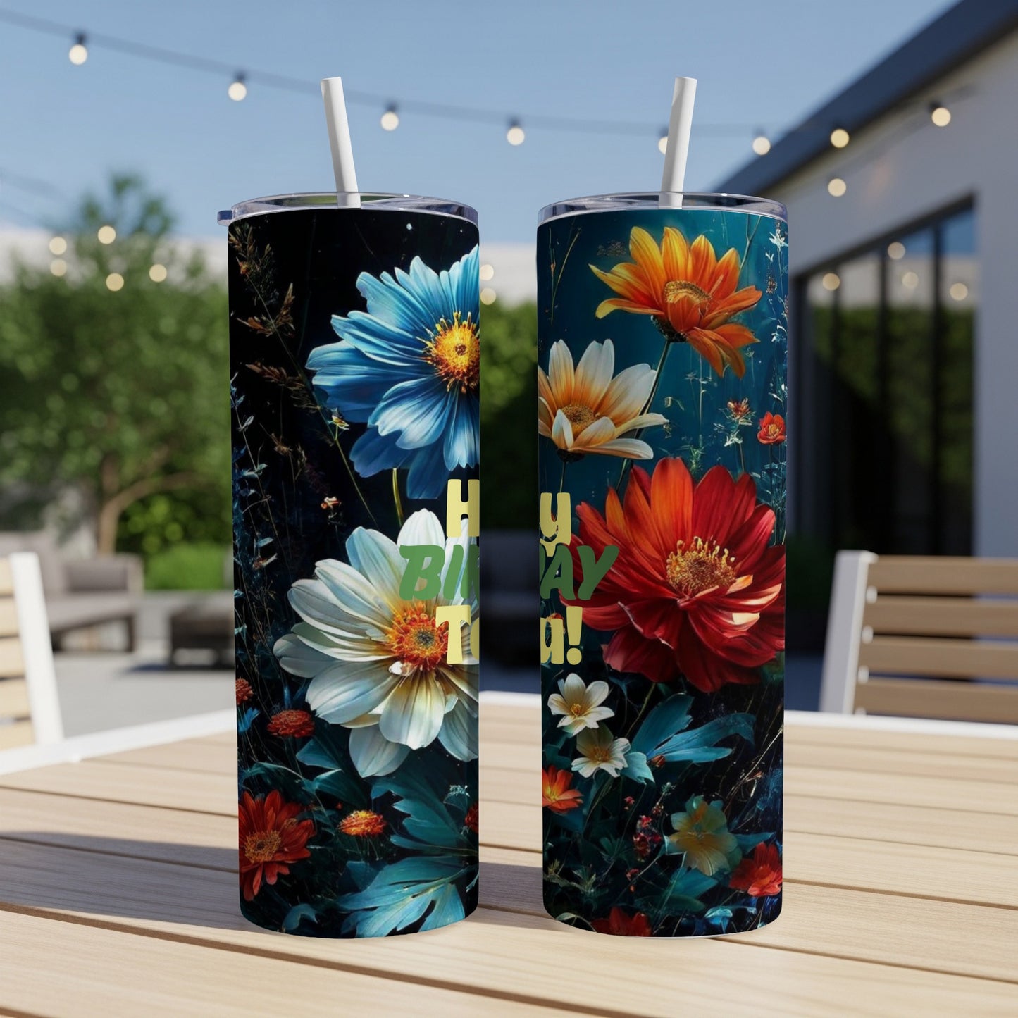 Two tumblers with floral designs and "Happy Birthday!" text.