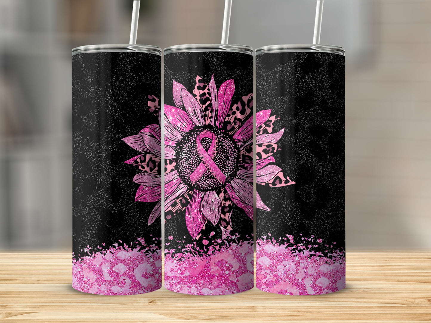 Pink glittery sunflower with awareness ribbon on a black textured background.