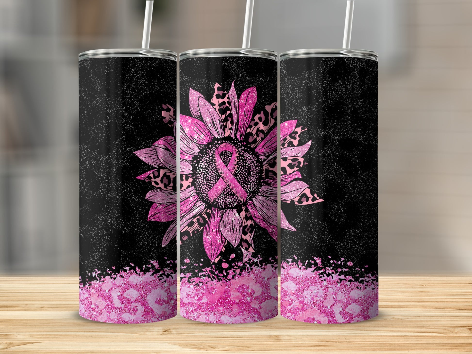 Pink glittery sunflower with awareness ribbon on a black textured background.