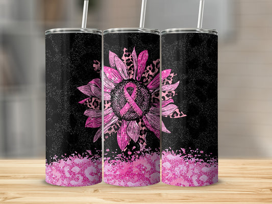 Pink glittery sunflower with awareness ribbon on a black textured background.