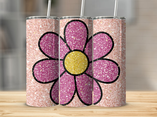 Pink Glitter Flower Design Tumbler with Straw