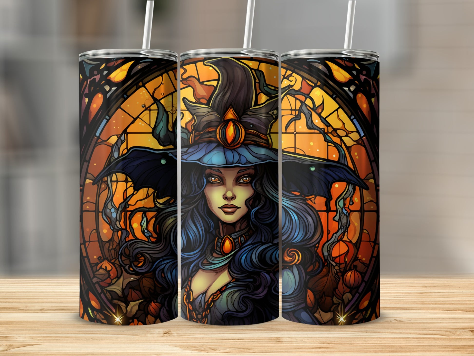 Three tumblers featuring a witch with long dark hair and a blue hat.