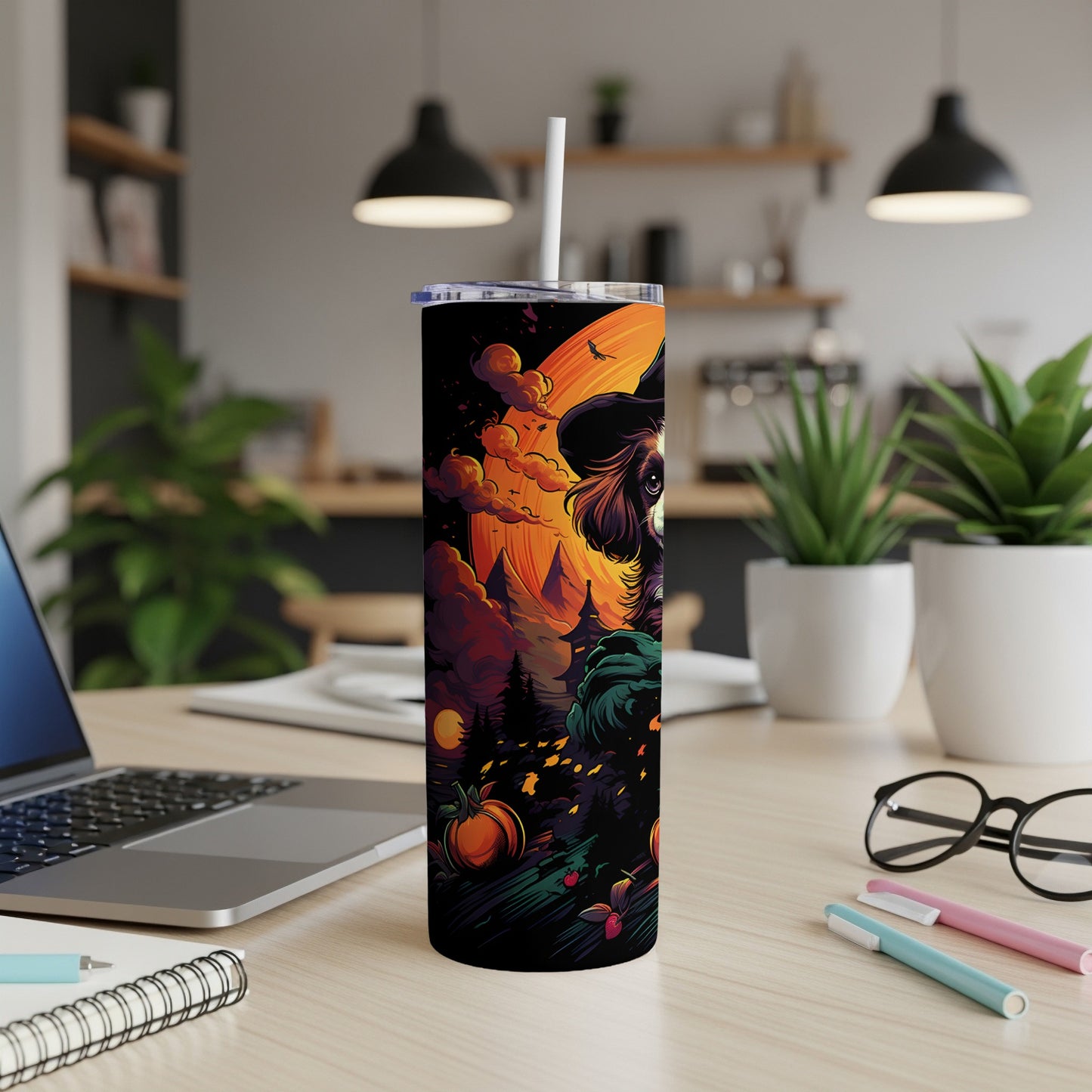 Tall tumbler with a Halloween dog, pumpkins, and moon design.