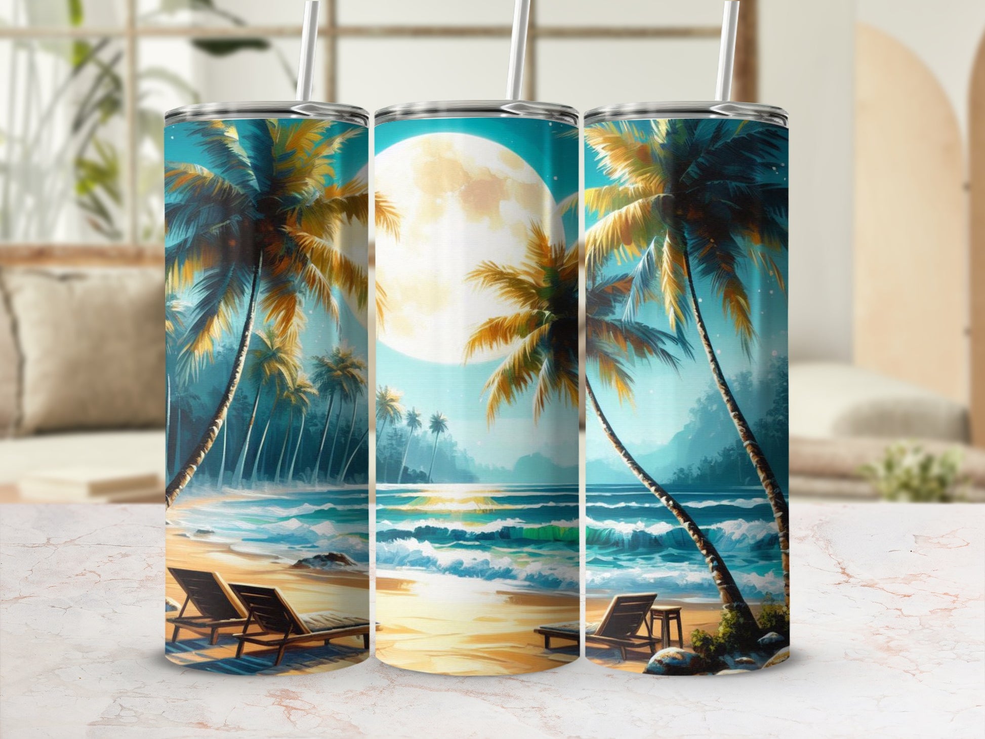 Tropical beach scene with palm trees, lounge chairs, and full moon at sunset.