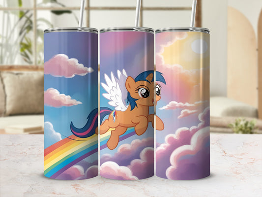 Three tumblers featuring a cartoon unicorn flying through clouds with a rainbow.