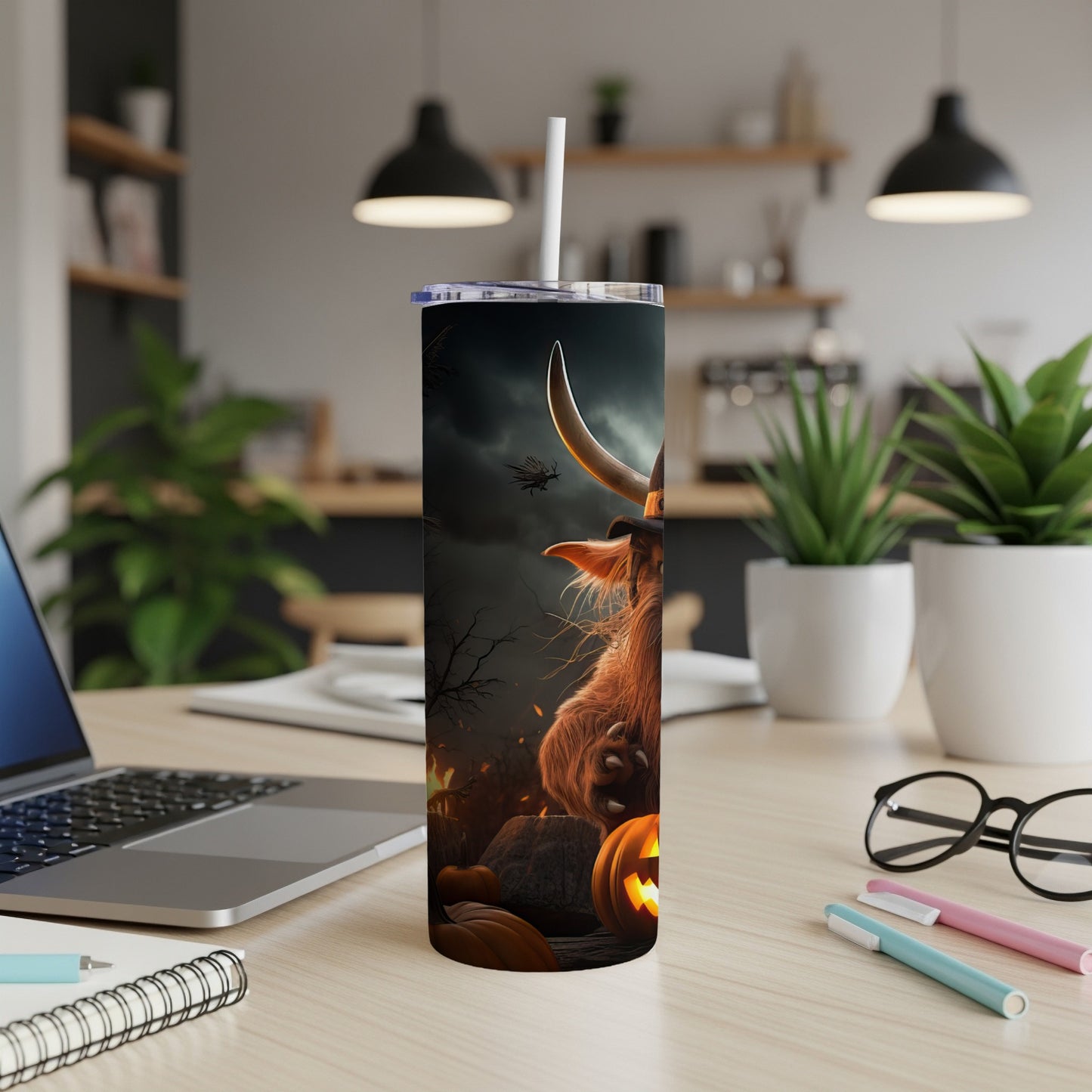 Halloween tumbler featuring a shaggy Highland cow in a witch hat.