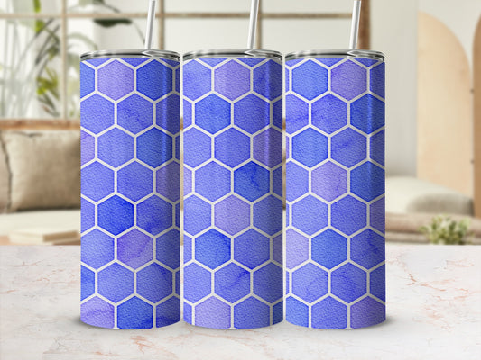 Three tumblers with a blue and purple honeycomb watercolor pattern.