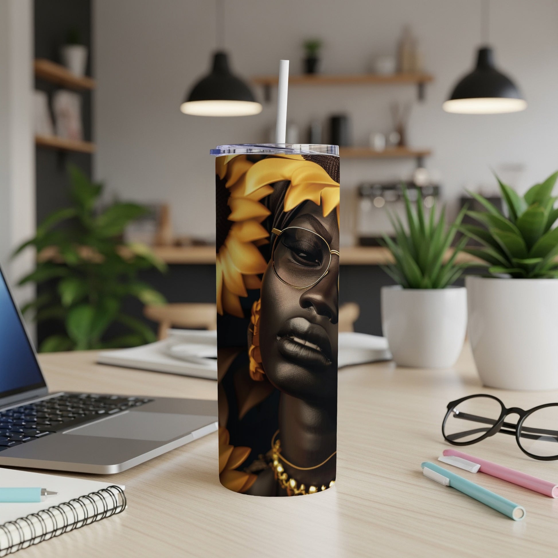 Woman with golden floral headdress and glasses on a tumbler.
