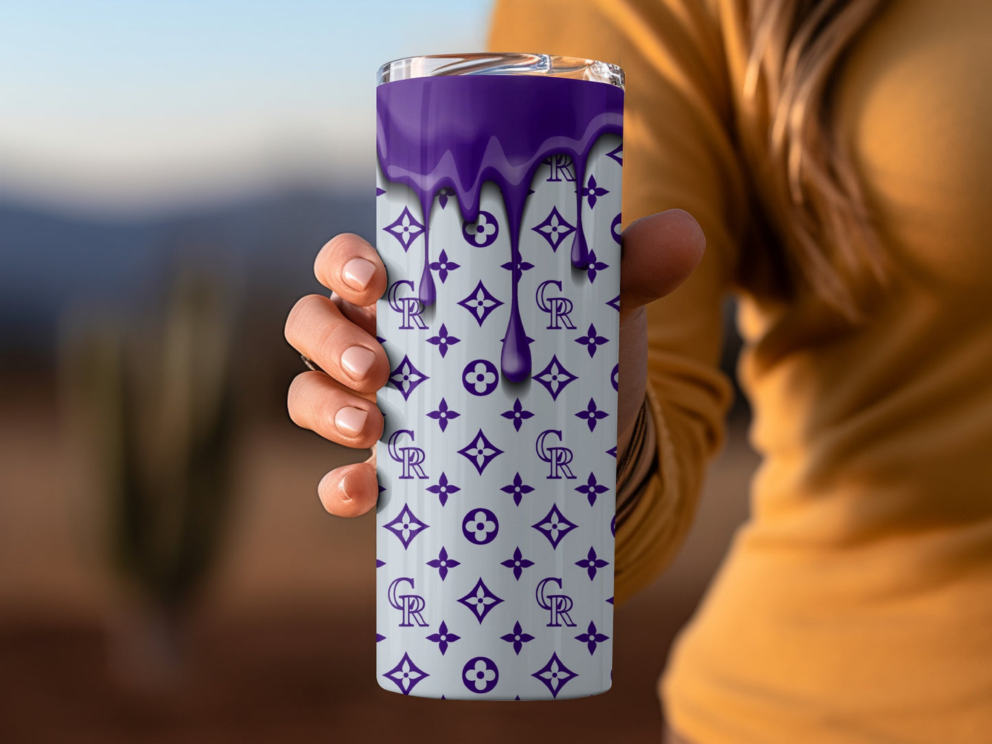 Purple Drip on Pattern with Letters Flowers Graphics Tumblers