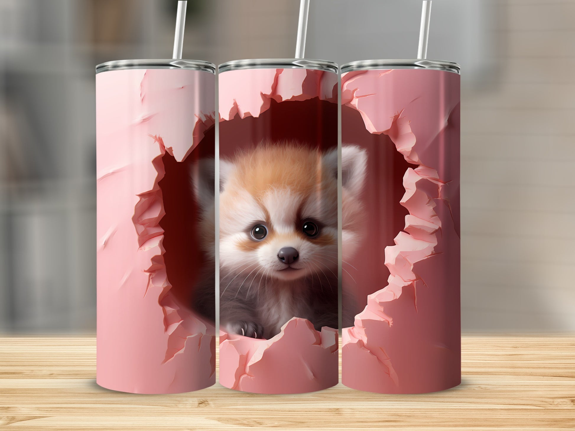Adorable Fox Printed Pink Cracked Tumbler Cup