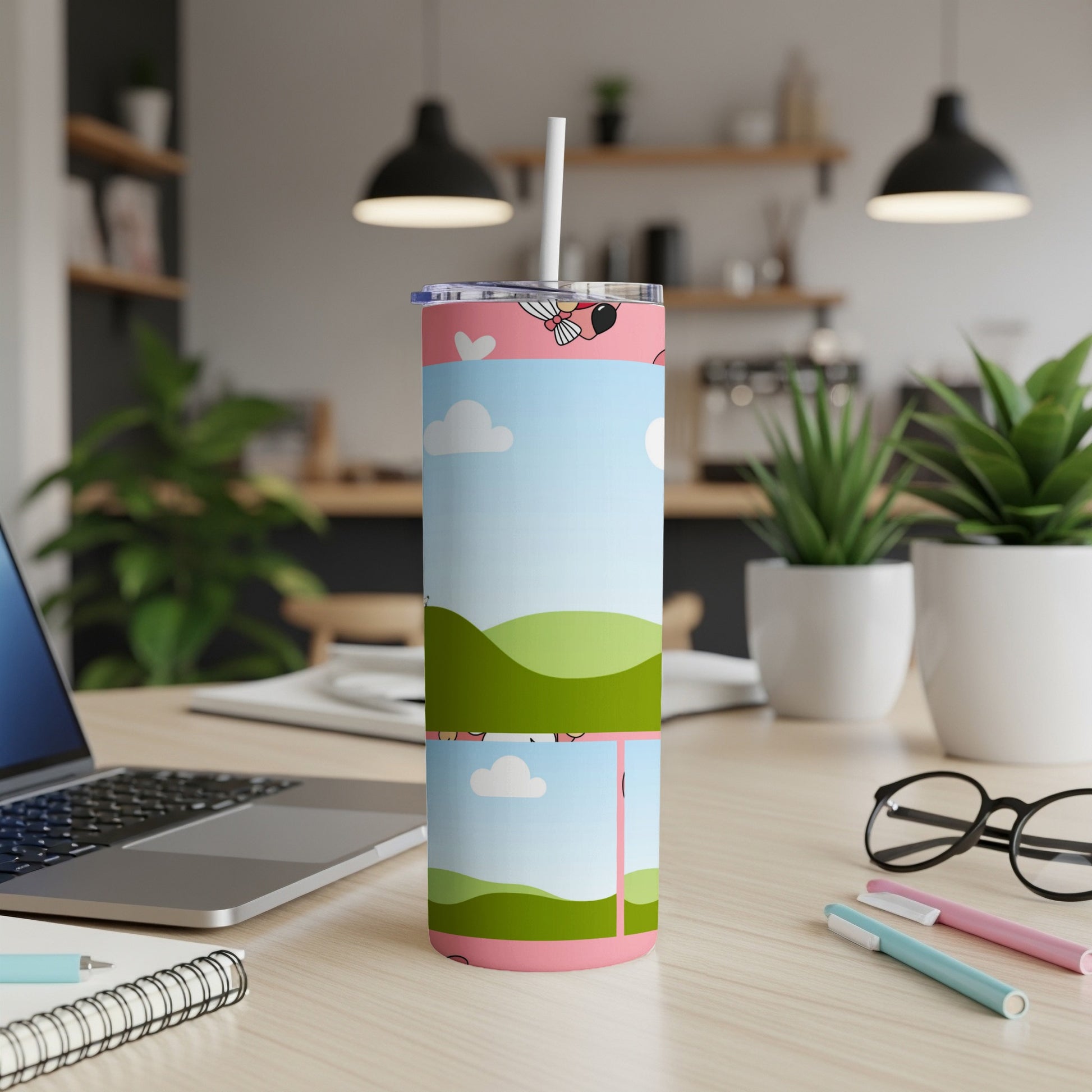 Pink tumbler with cartoon farm animals and a landscape design.