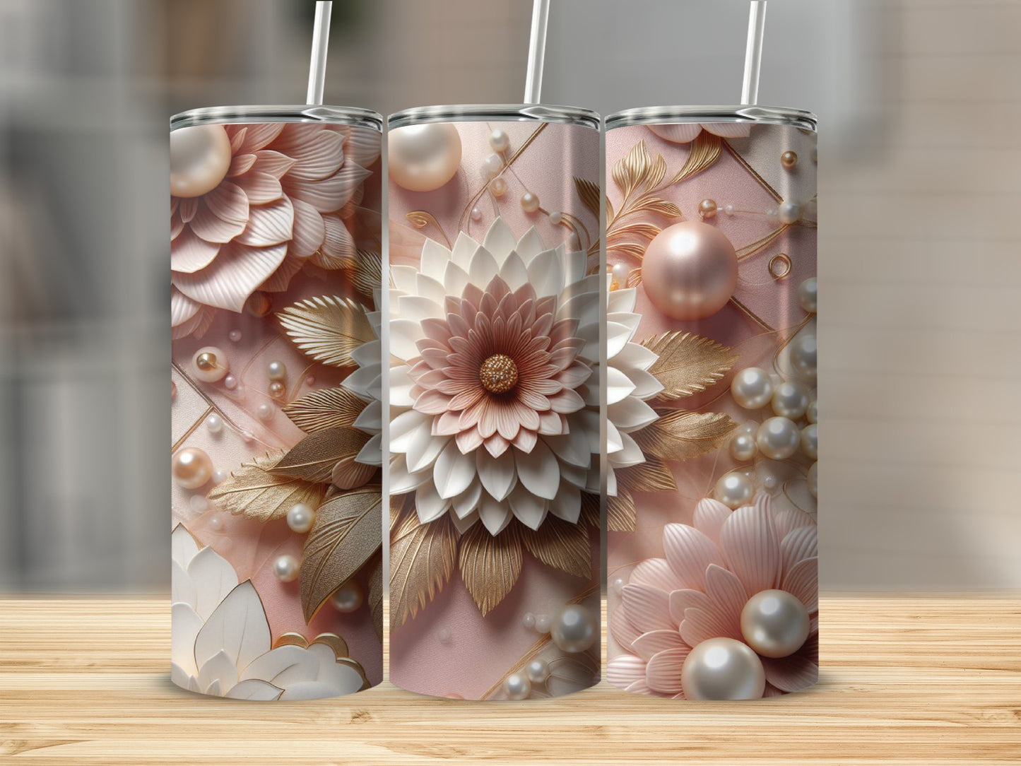Floral pattern tumbler with pearl and gold accents.