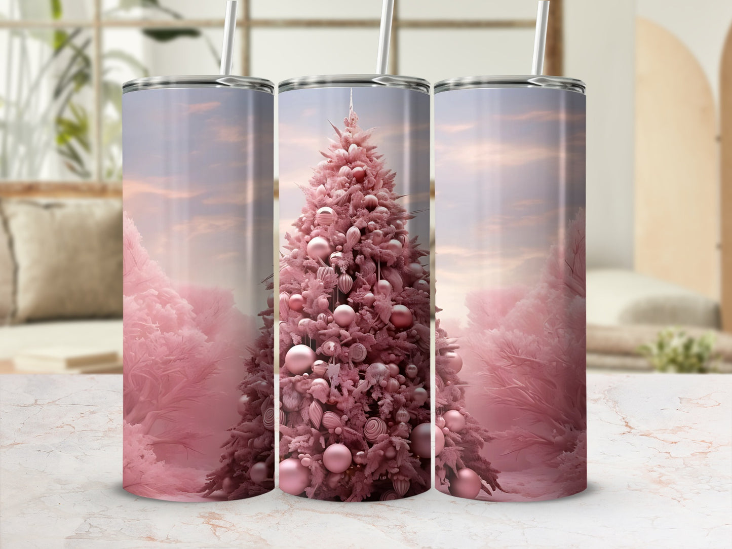 Festive Pink Christmas Tree Soaring in Winter Wonderland